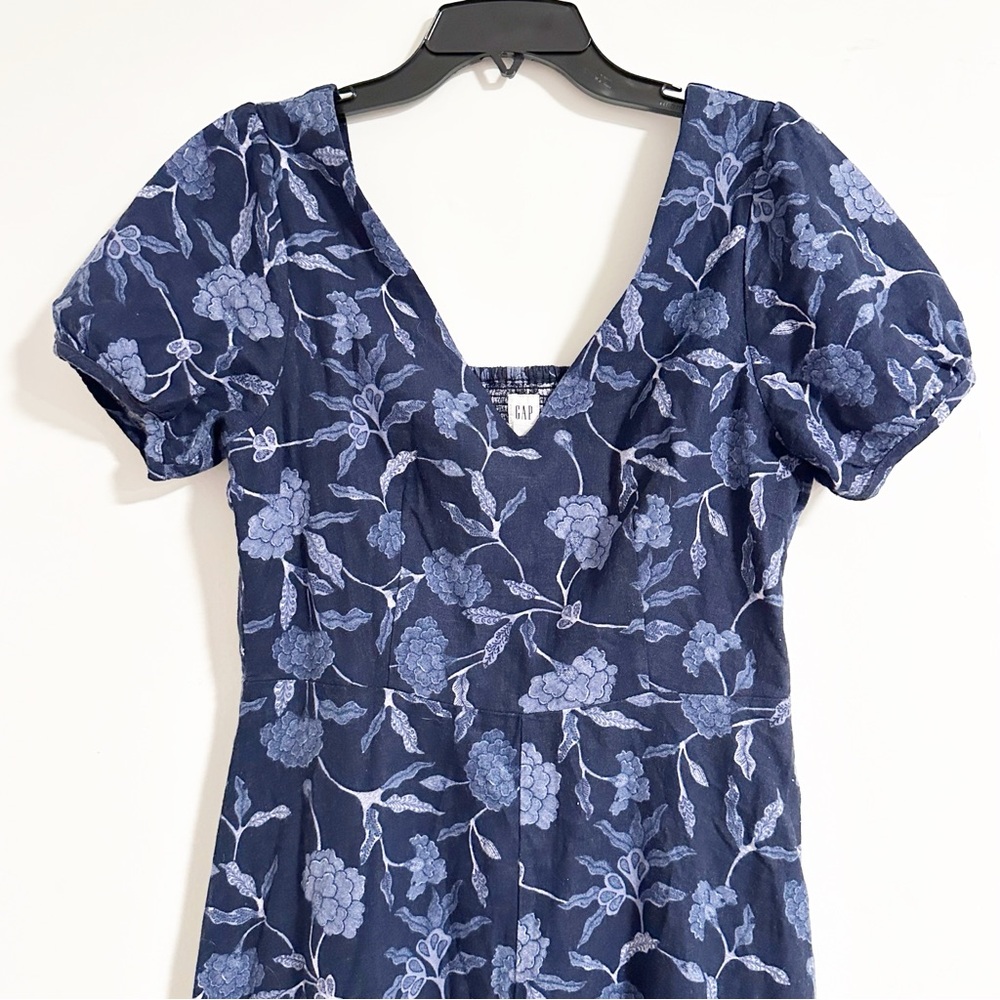 GAP Linen Navy Floral Feminine Flirty Blue Midi Summer Dress - Picture 3 of 10